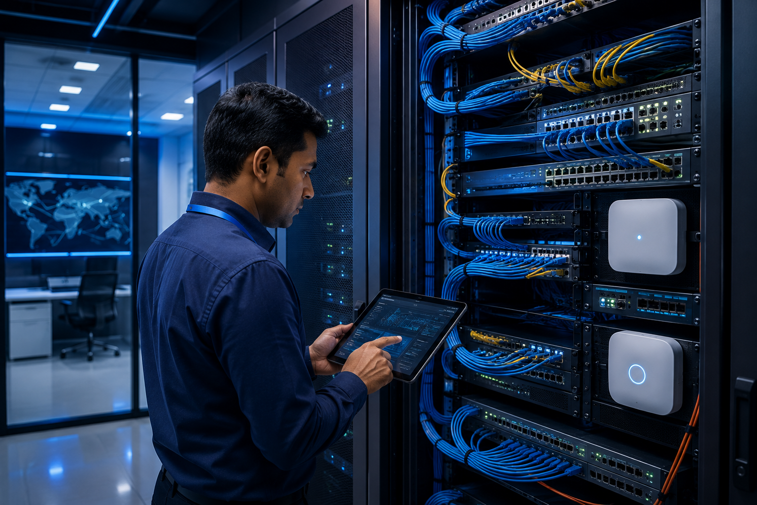 Network engineer working on structured cabling in a server rack